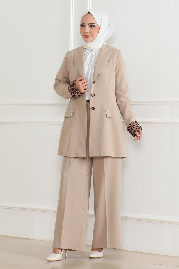 Leopard Patterned Suit Beige 19218 - 3