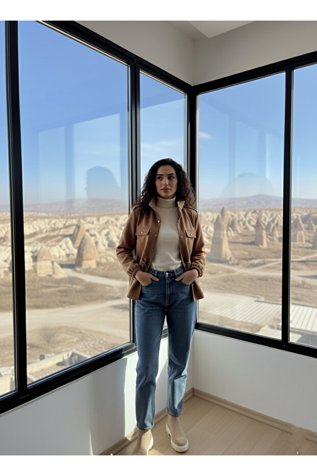 Taba Süet Görünümlü Cepli Ceket - 3