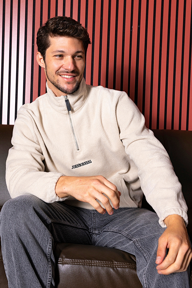 Men's Half Zipper Embroidered Kangaroo Pocket Sweatshirt Beige - 25K 6066-1