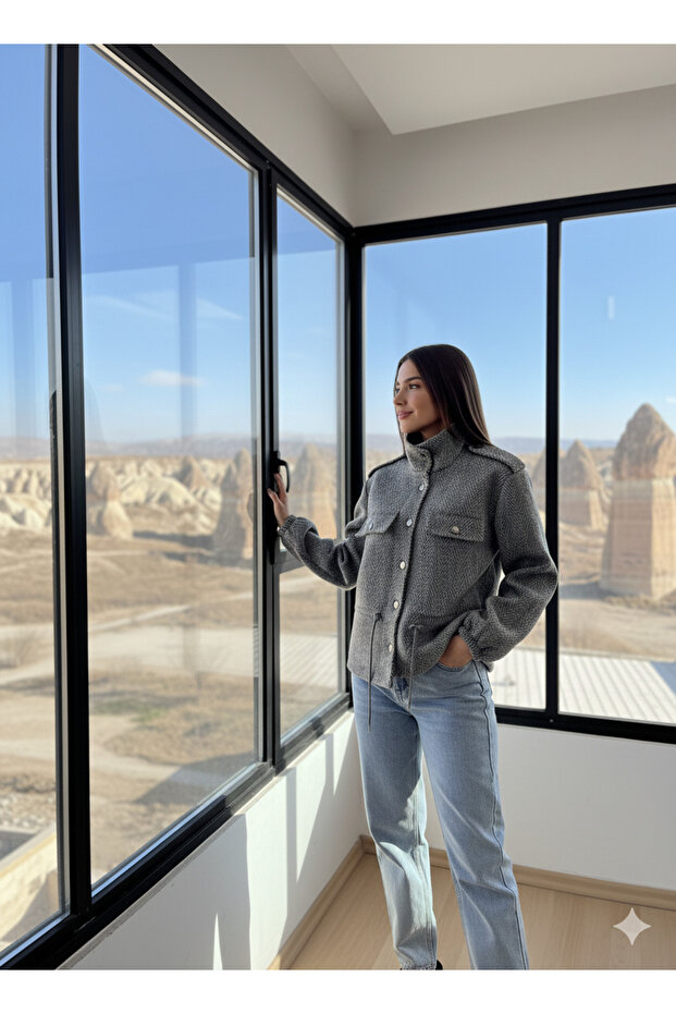 Herringbone Pattern Mock Neck Button Cashmere Jacket - 2