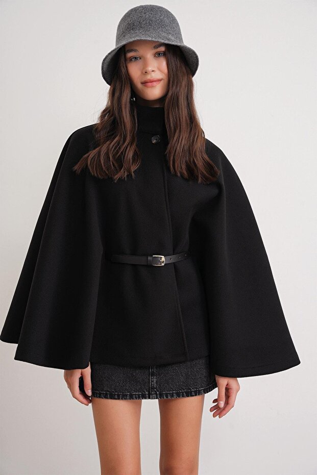 4768 Women's Belted Poncho Premium Cashmere Jacket Black