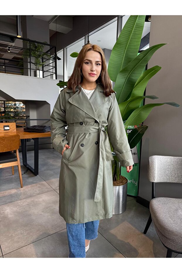 Kadın Kemerli Uzun Trençkot – Su Geçirmez, Astarlı, Oversize Model - 1
