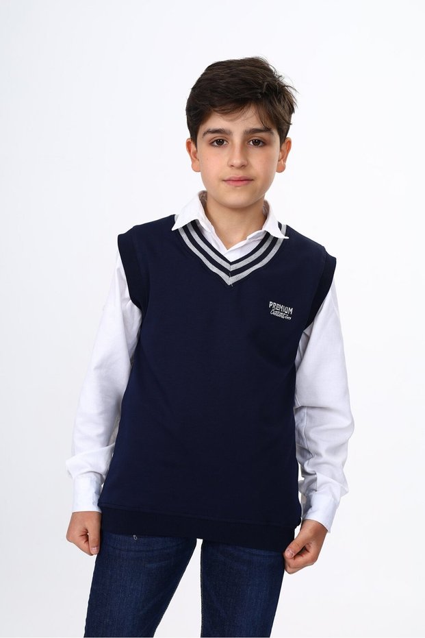 Navy Blue Boy's V-Neck Knitwear School Sweater - Striped Detail