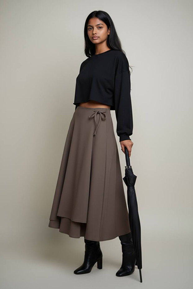 Women's Tie Detail Scuba Fabric Asymmetrical Skirt Nms075