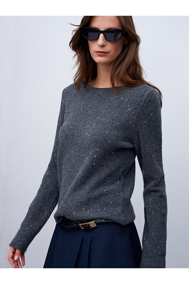 10836 Wool Blend Glitter Boat Neck Sweater-Smoked