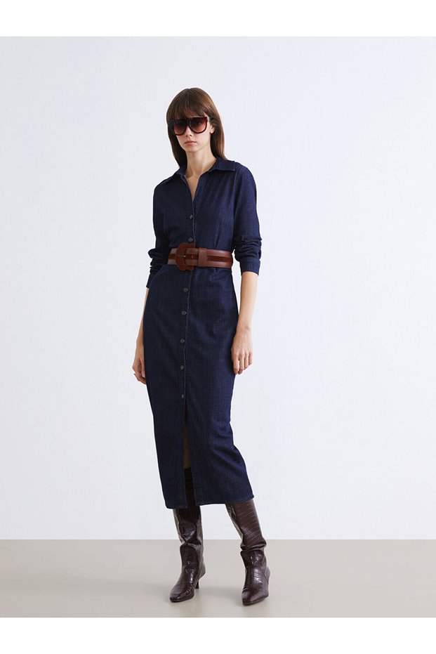 Özmarka New Season Shirt Collar Gathered Jean Dress