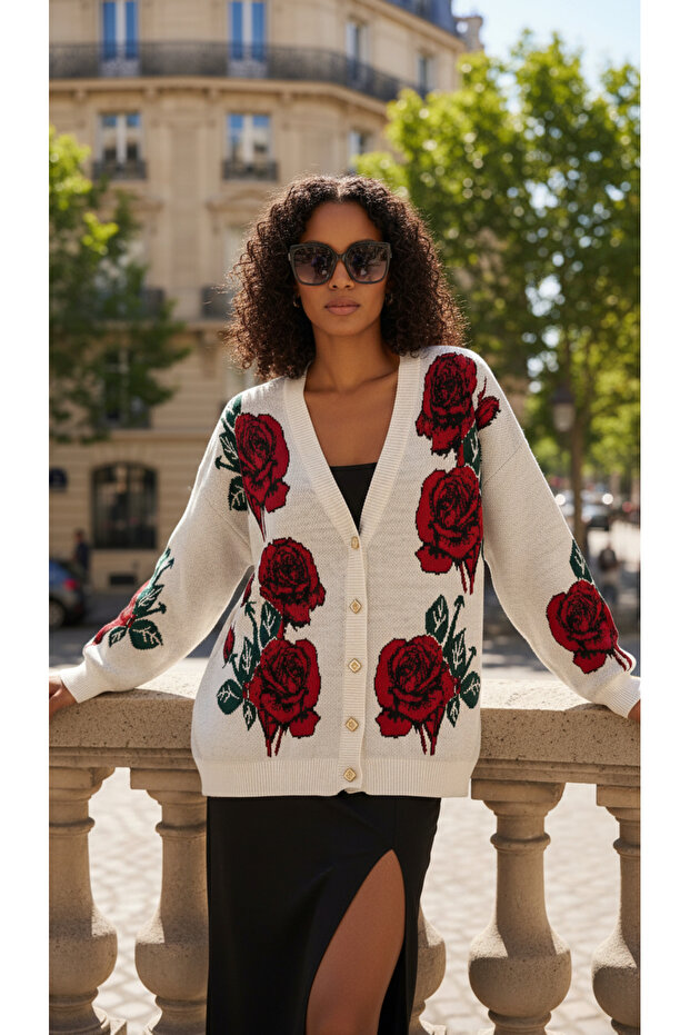 سترة تريكو طويلة بأزرار ونقشة الورد - 1