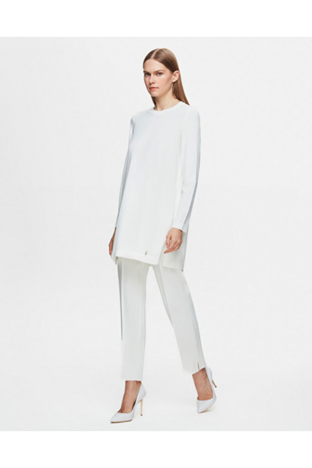 Uzun Kollu Basic Triko Ekru Tunik - 1