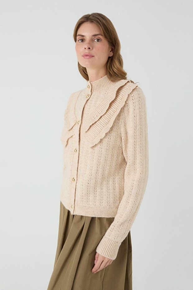 Ihlamur Lace-Like Knit Front Size Flawed Cardigan Beige