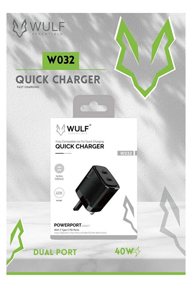 W032 40W Dual Port Quick Charger PD Fast Charging Adapter