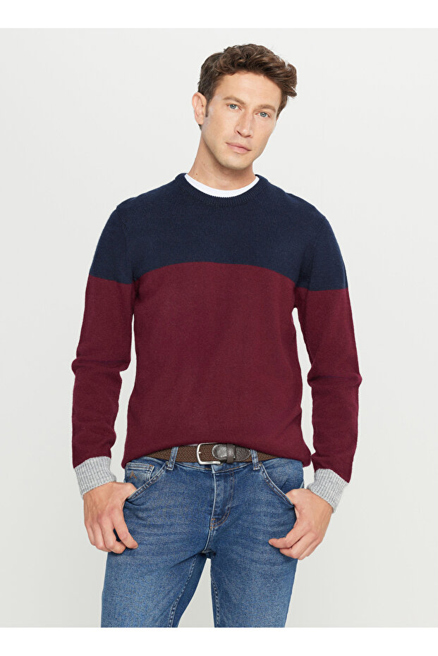 Crew Neck Standard Navy Blue - Burgundy Men's Sweater Ace049261480_Brl