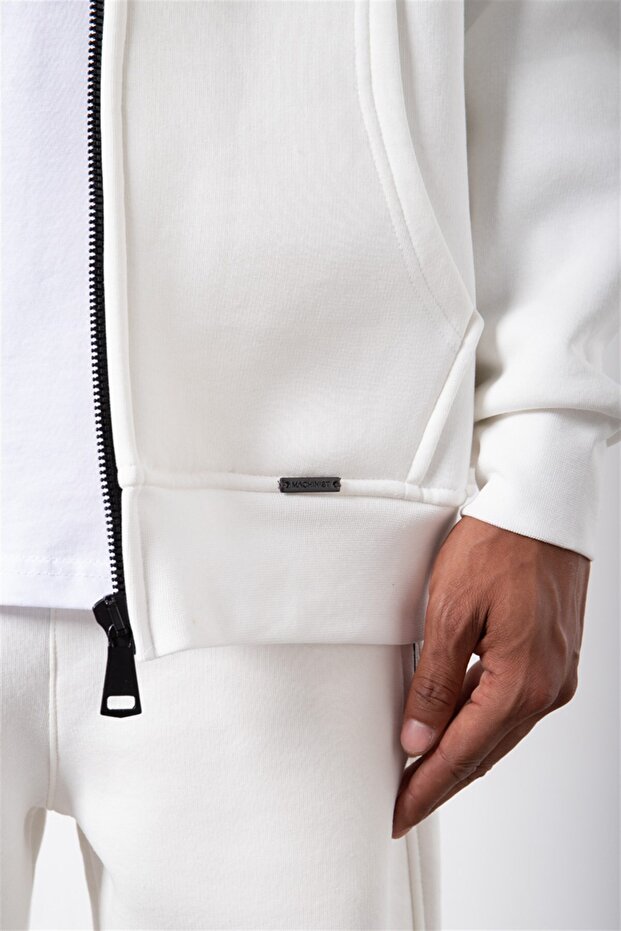 Oversize Fermuarlı Cepli Kapüşonlu Basic Sweatshirt EKRU - 2