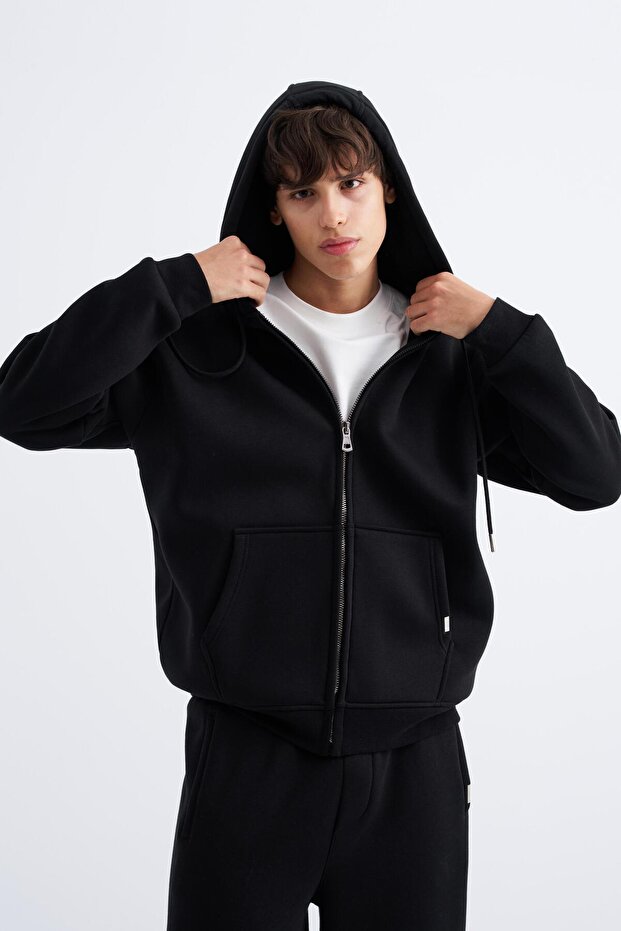 Oversize Fermuarlı Cepli Kapüşonlu Basic Sweatshirt BLACK - 1