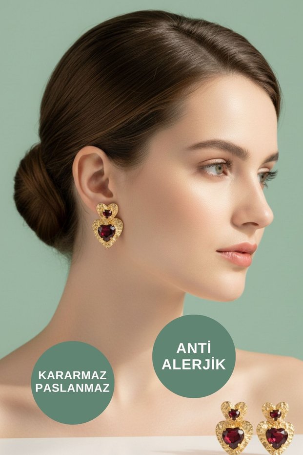 Women's Anti-Allergic Non Tarnish Waterproof Big Amber Colored Heart Gold Steel Earrings for Night Wedding