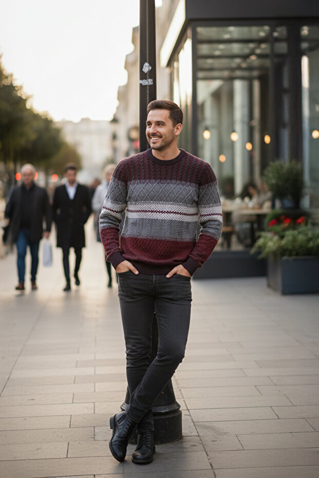 Men's Crew Neck Patterned Thick Sweater - 3