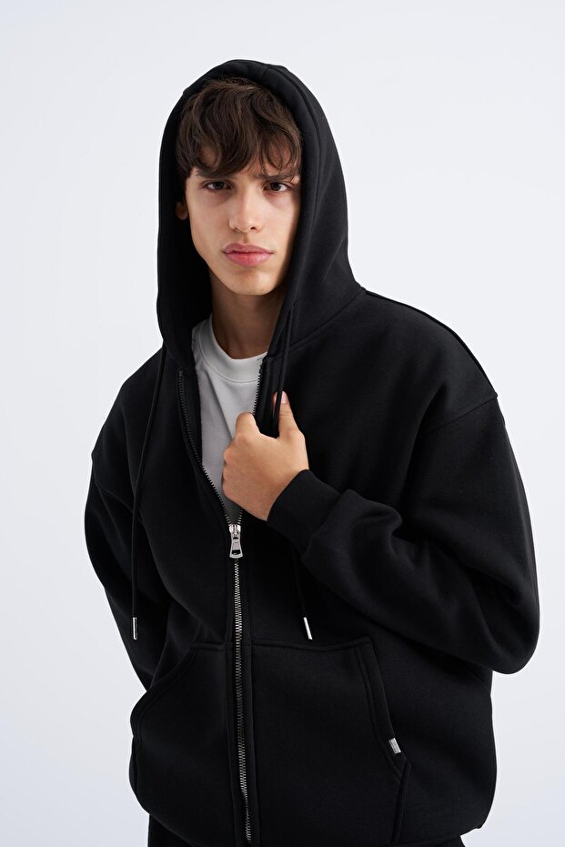 Oversize Fermuarlı Cepli Kapüşonlu Basic Sweatshirt BLACK - 2