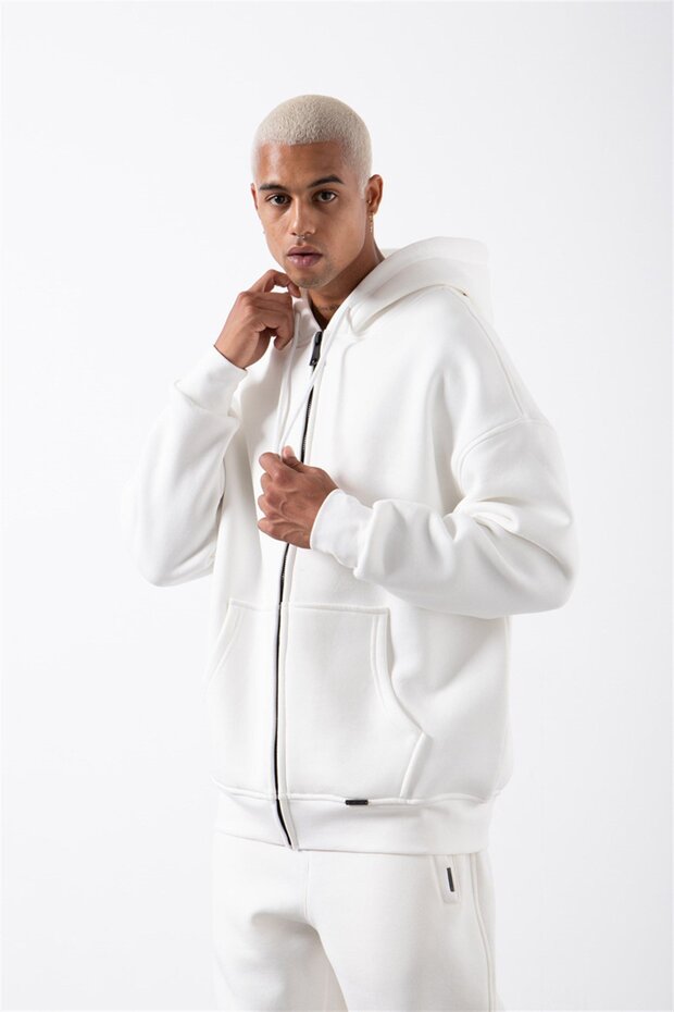 Oversize Fermuarlı Cepli Kapüşonlu Basic Sweatshirt EKRU - 1