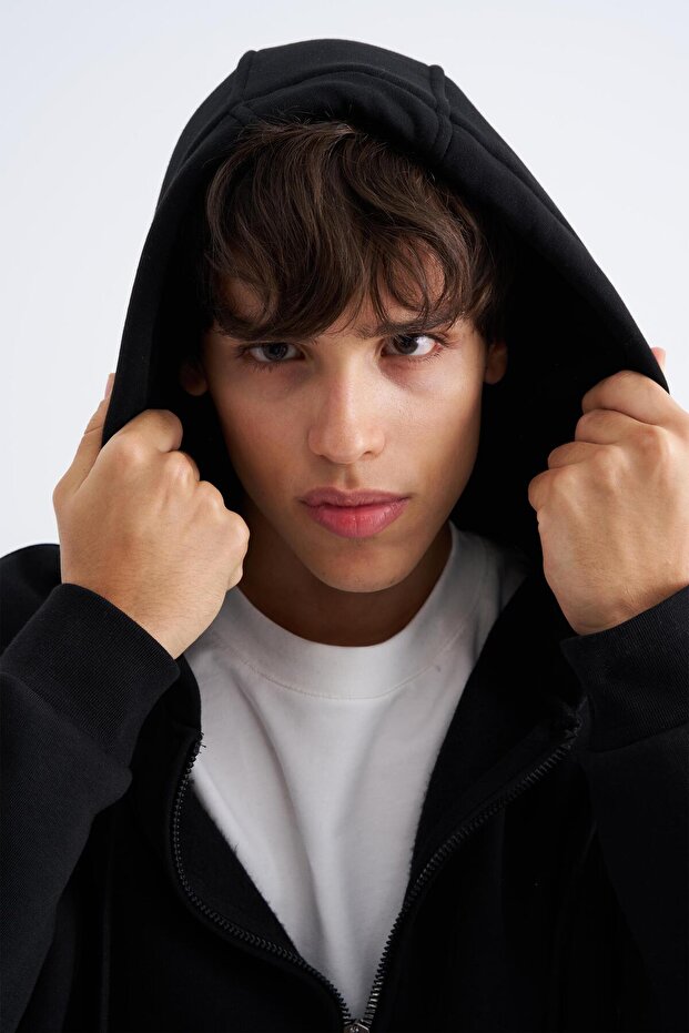 Oversize Fermuarlı Cepli Kapüşonlu Basic Sweatshirt BLACK - 3