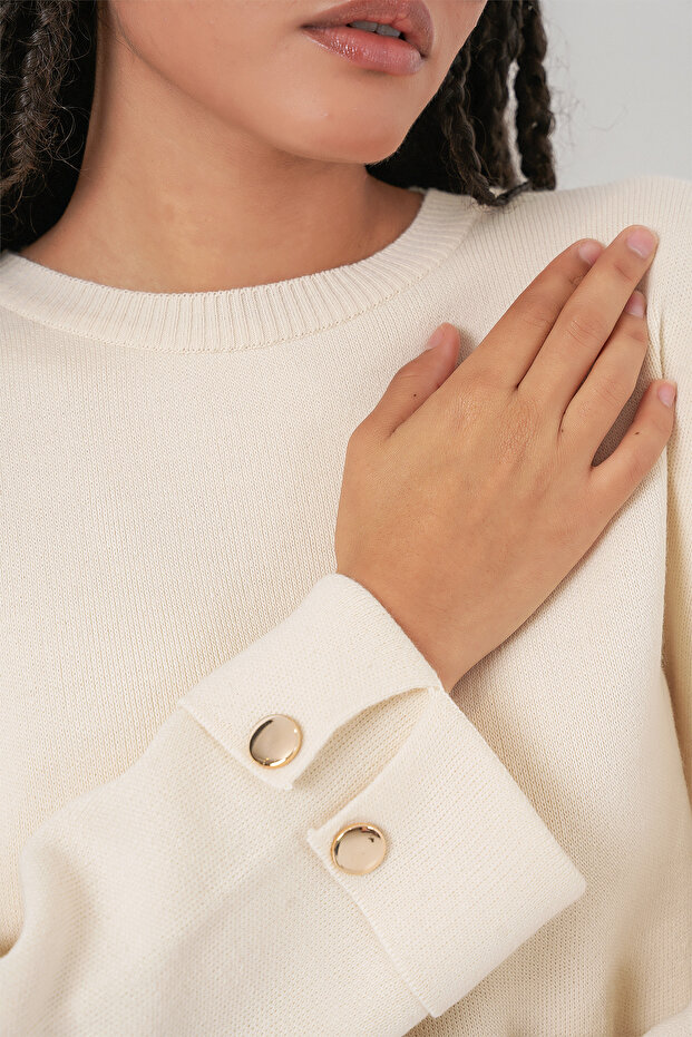 Kadın Kol Düğmeli Oversize Triko Kazak 15981 - Ekru - 6