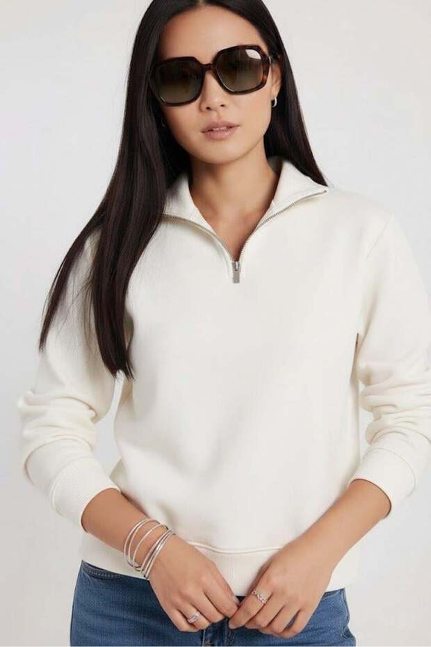 Women's 3 Thread Ş Fleece-Lined Half-Zip Cream Sweatshirt – Thick Fabric with Cotton Inside, Full Fit Comfortable Mo