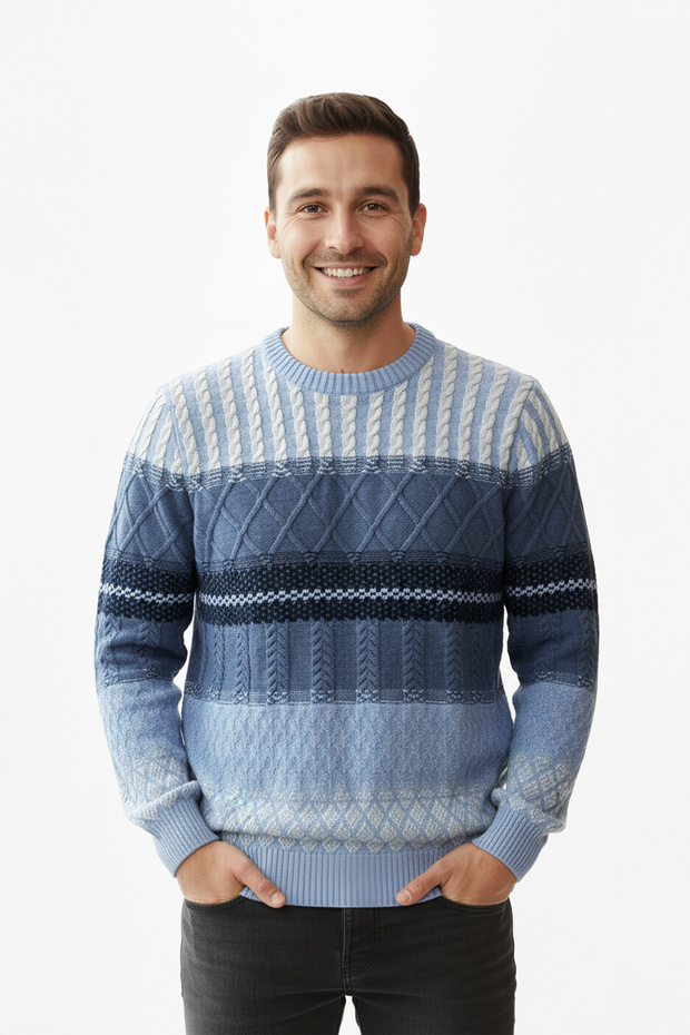 سترة سميكة منقوشة برقبة دائرية للرجال - 1