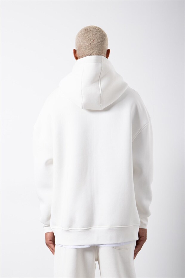 Oversize Fermuarlı Cepli Kapüşonlu Basic Sweatshirt EKRU - 3