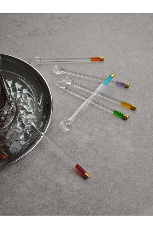 Set of 6 Glass Teaspoons with Colorful Gold Detail Presentation Spoon