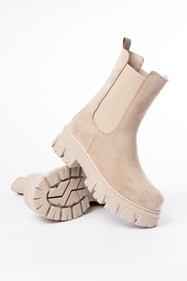 Fz-299 Beige Suede High-Top Elastic Daily Women's Boots