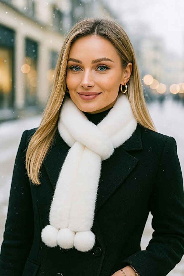 White Plush Women's Neck Collar with Pompoms