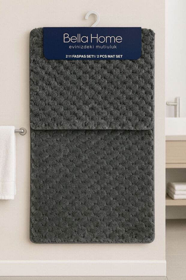 2-Piece Honeycomb Puffy Toilet Seat Set - Washable Non-Slip Dot Base - 60X100 cm 50X60 cm - Anthracite