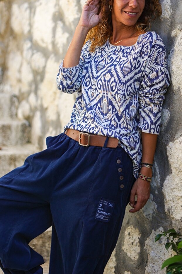 Italian Navy Blue-White Boat Neck Ethnic Pattern Soft Textured Loose Blouse 60 50