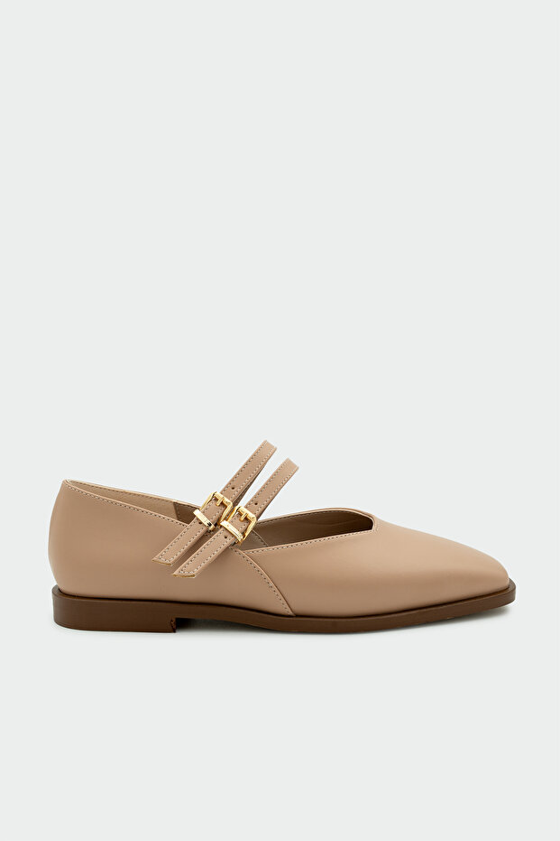 Jadon Nude Leather Double Buckle Detailed Women's Ballerinas