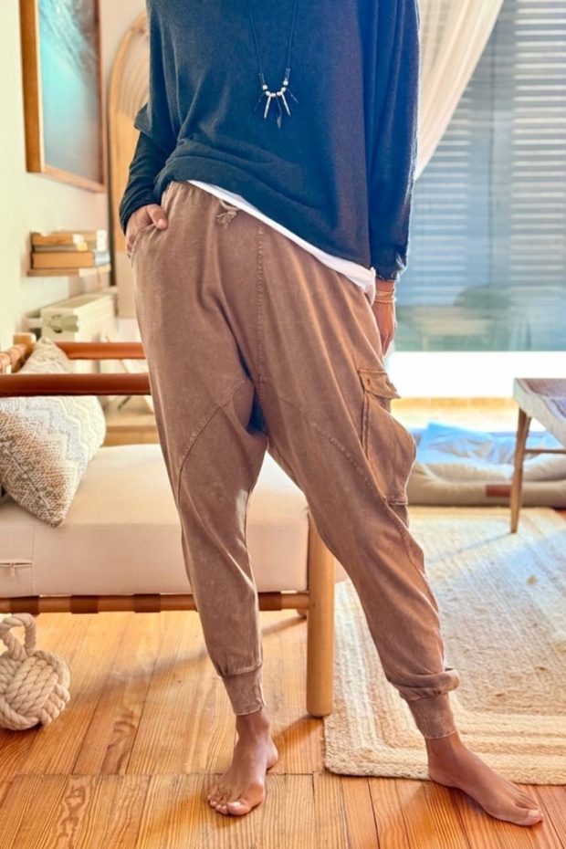 Bronze Color Pocketed Washable Elastic and Tie-Waist Baggy Cotton Trousers 95 30