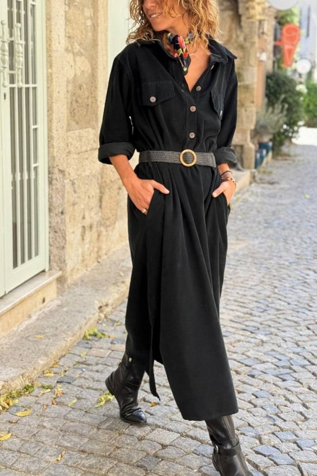 Italian Black Pocketed Y Slit Belted Velvet Safari Dress 130 60