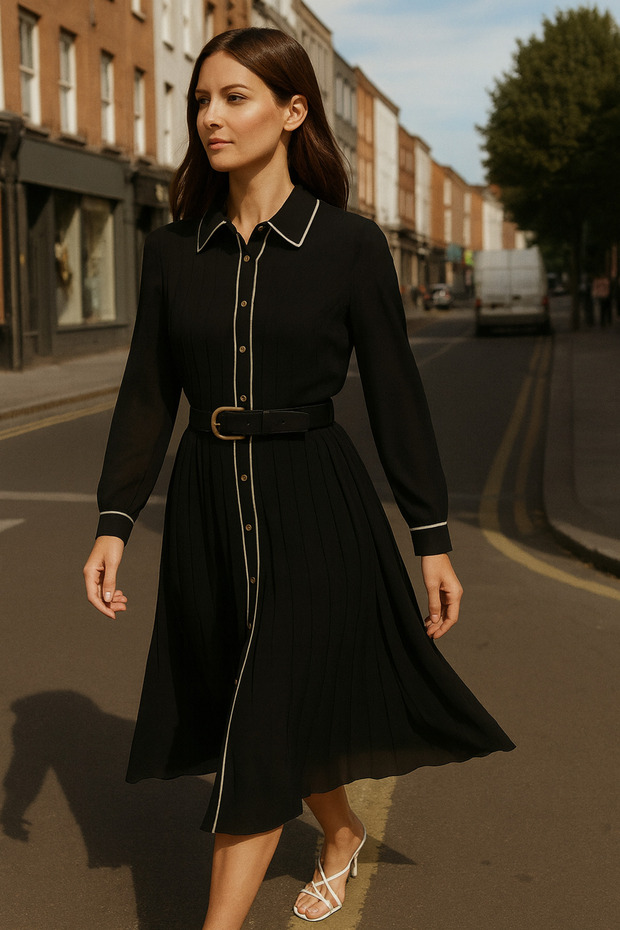 Maxi Length Pleated Buttoned Woven Dress with Belt Detail AW25EL0016