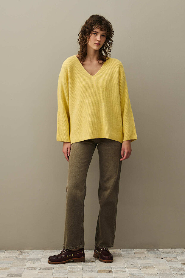 V Yaka Basic Triko Kazak Sarı - 1