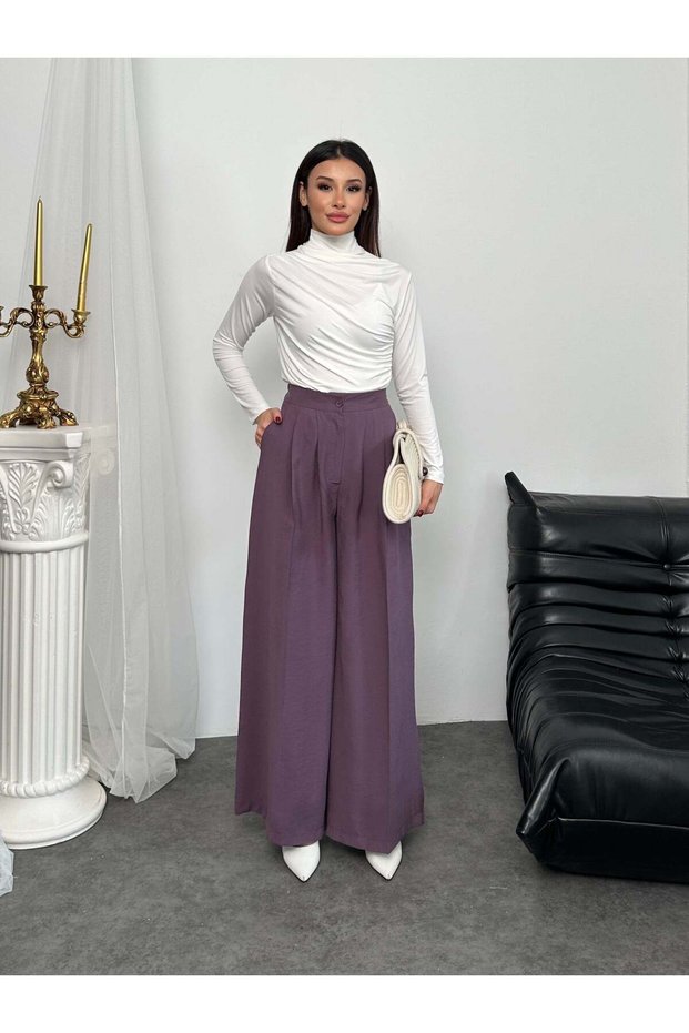 Pleated High Waist Wide Leg Modal Fabric Palazzo Pants 8039 - Purple