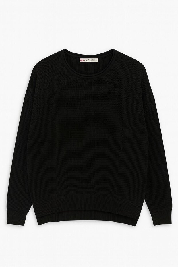 6183 Kadın Nopeli Oversize Triko İnce Basic Kazak Siyah - 1