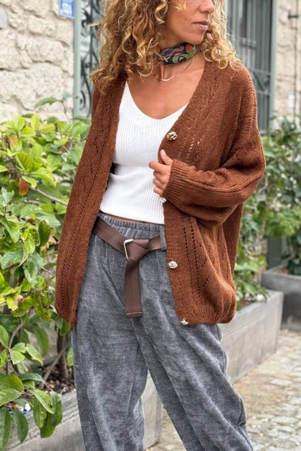 Italian Brown V-Neck Buttoned Washed a Lace-Like Knit Soft Textured Wool Loose Cardigan 70 50