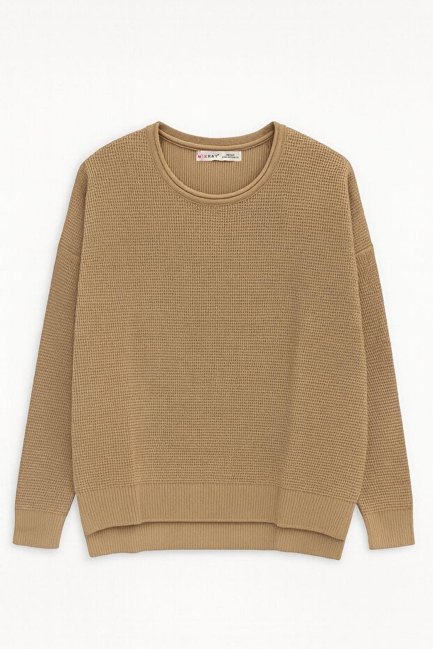 6183 Kadın Nopeli Oversize Triko İnce Basic Kazak Karamel - 1