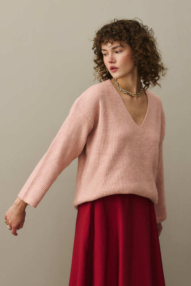 V Yaka Basic Triko Kazak Pembe - 4