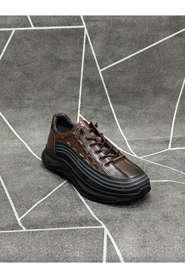 Brown Genuine Leather Rubber Laced Sneakers