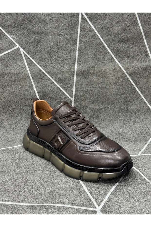 Brown Genuine Leather Lace-Up Sneakers