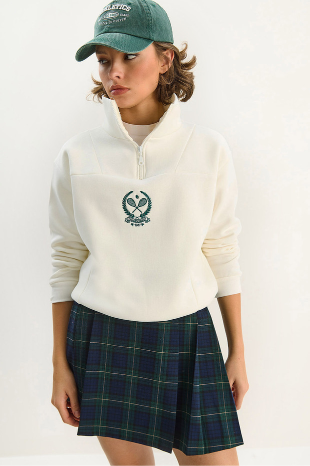 Women's White High Collar Half Zipper Fleece Lined Crop Sweatshirt 1808 60283713