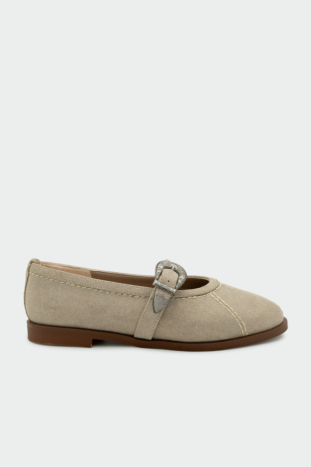 Opsis Beige Suede Flat Sole Women's Ballerinas with Belt Detail