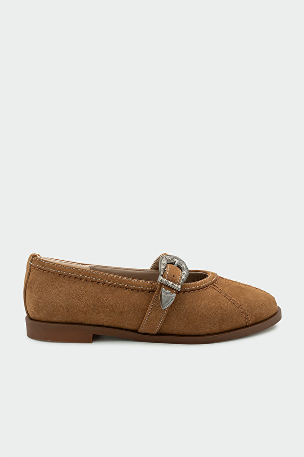 Opsis Tan Suede Flat Sole Women's Ballerinas with Belt Detail