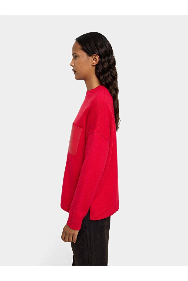 Deri Efektli Cepli Örme Kazak - 3