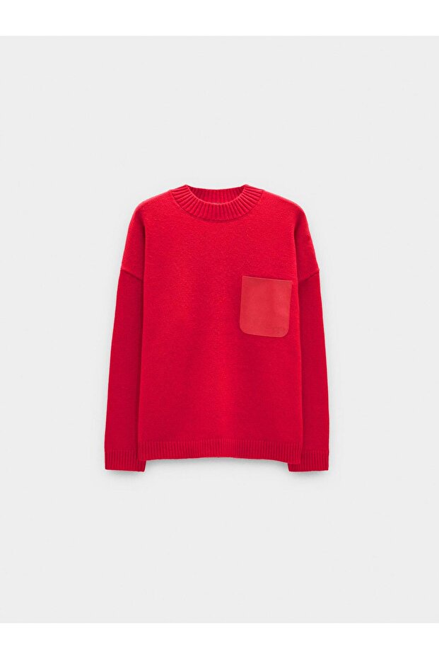 Deri Efektli Cepli Örme Kazak - 5