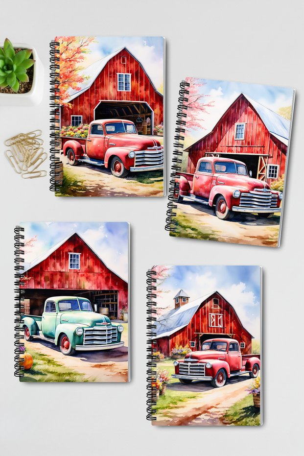 Vintage Car Farm Design Wirebound A5 Unlined 4-Piece Souvenir, Memory, School Notebook Set