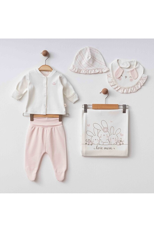 Hospital Release Newborn Baby Girl 5-Piece Cotton Hospital Release Set Ecru & Pink Rabbit Patterned